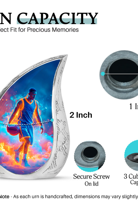 Serene Blue Basketball Cremation Urn angled view of lid and engraved motif - smooth teardrop contour featuring basketball art - mini keepsake memorial for portion of cremation ashes