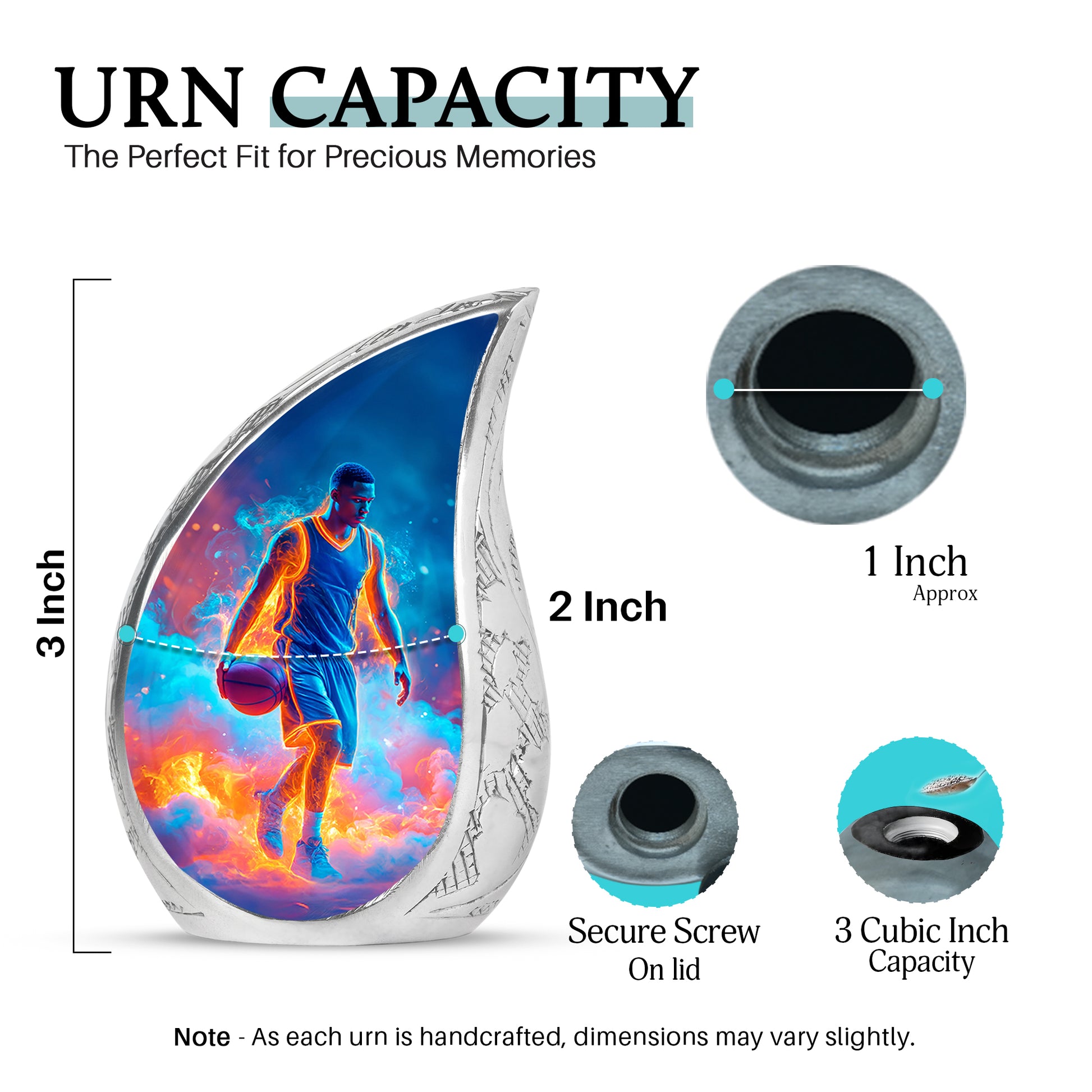Serene Blue Basketball Cremation Urn angled view of lid and engraved motif - smooth teardrop contour featuring basketball art - mini keepsake memorial for portion of cremation ashes