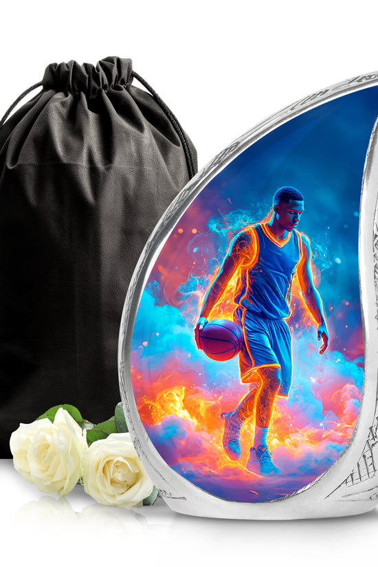 Bright Blue Basketball Cremation Urn front view showing detailed design - smooth teardrop contour featuring basketball art - full-size 10 inch 200 cubic inch adult cremation urn