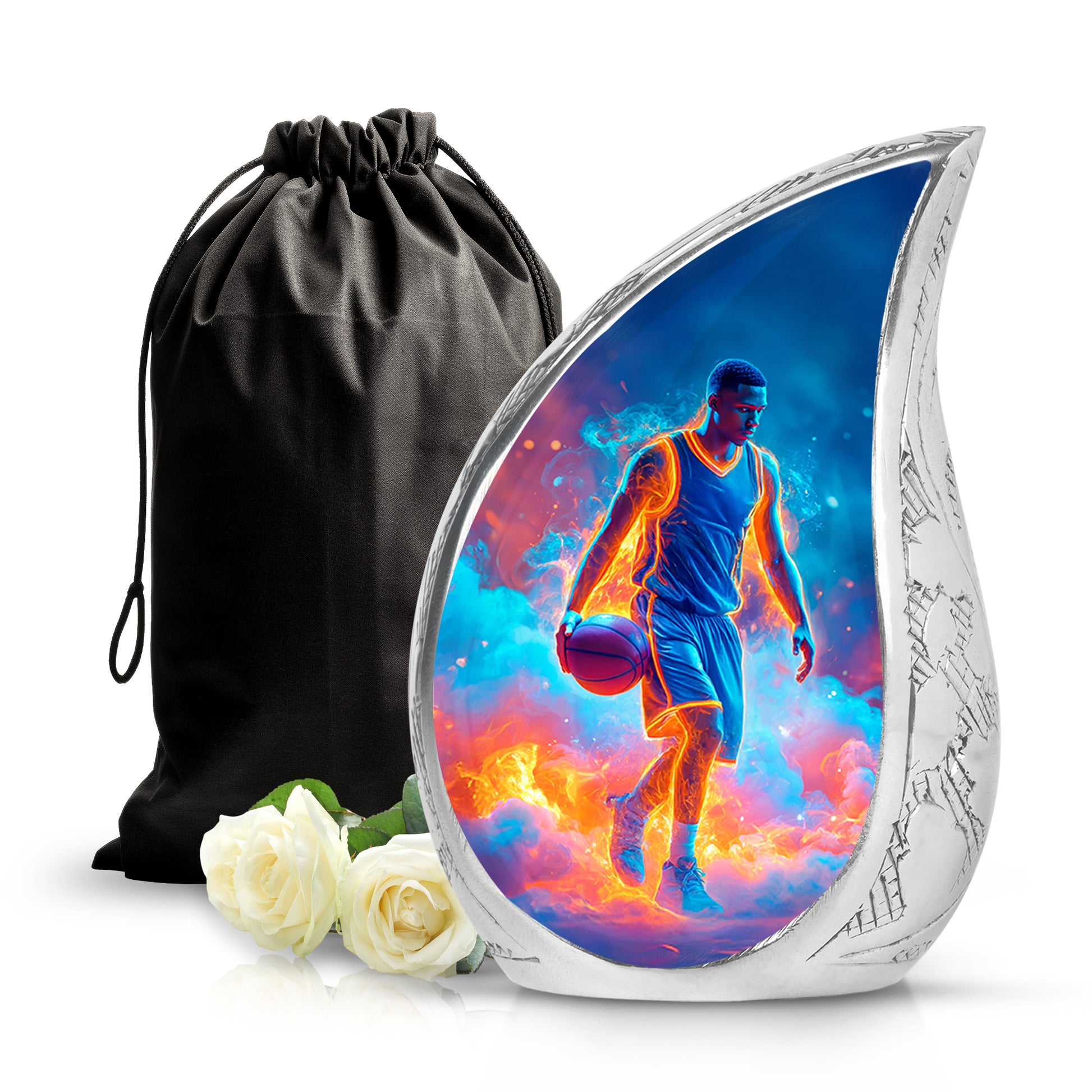 Bright Blue Basketball Cremation Urn front view showing detailed design - smooth teardrop contour featuring basketball art - full-size 10 inch 200 cubic inch adult cremation urn