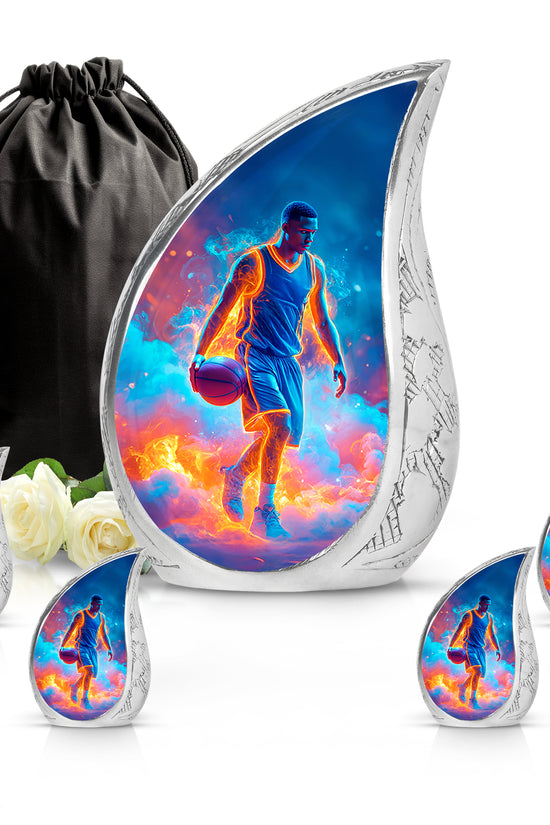 Soft Blue Basketball Cremation Urn side profile showing urn shape - smooth teardrop contour featuring basketball art - memorial set with one large and four small urns
