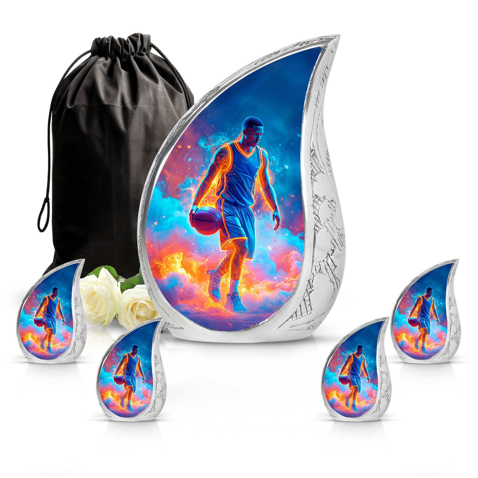 Soft Blue Basketball Cremation Urn side profile showing urn shape - smooth teardrop contour featuring basketball art - memorial set with one large and four small urns