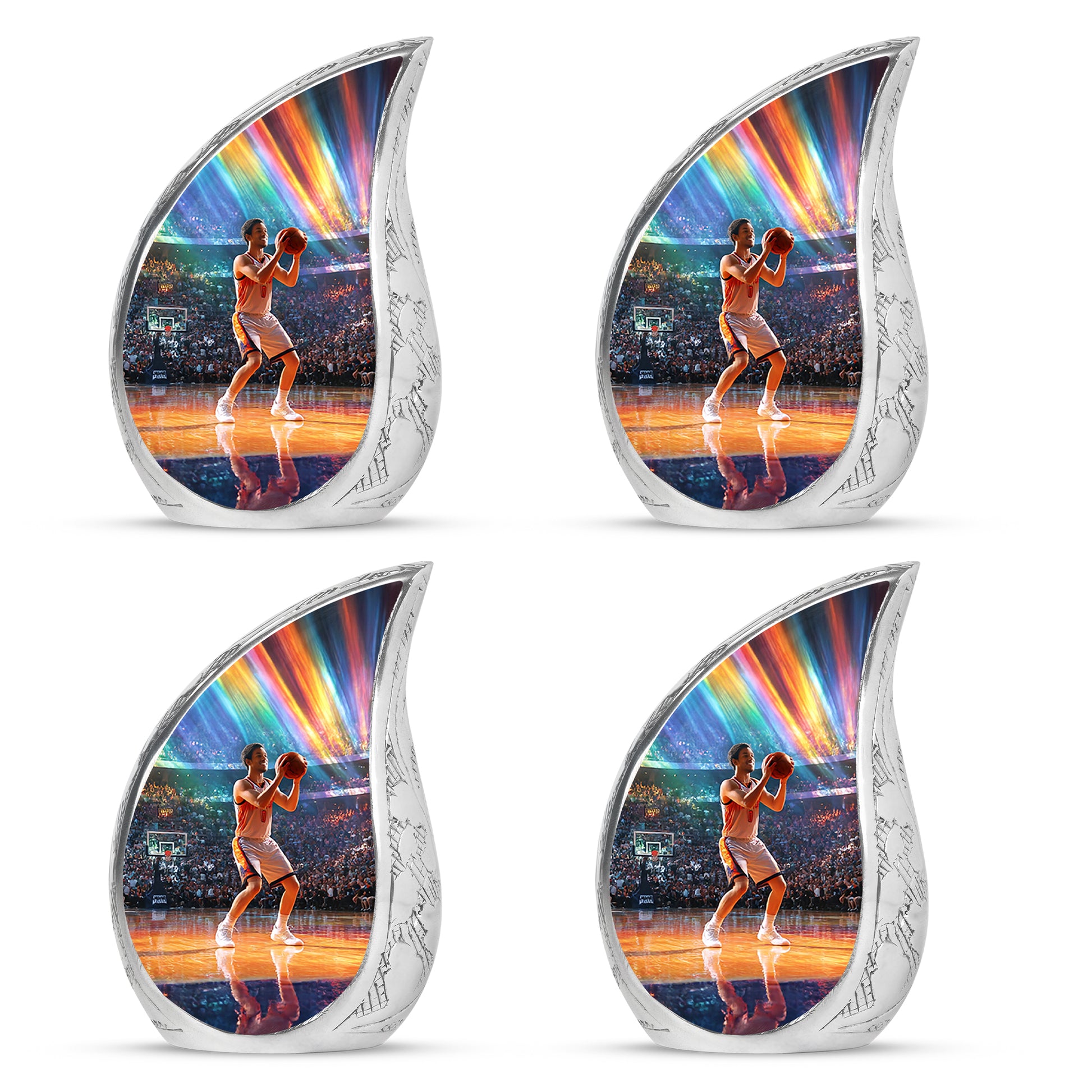 Serene Blue Basketball Cremation Urn close-up of engraving and surface detail - graceful tear-shaped urn with basketball motif - 10 inch aluminum urn for cremated remains
