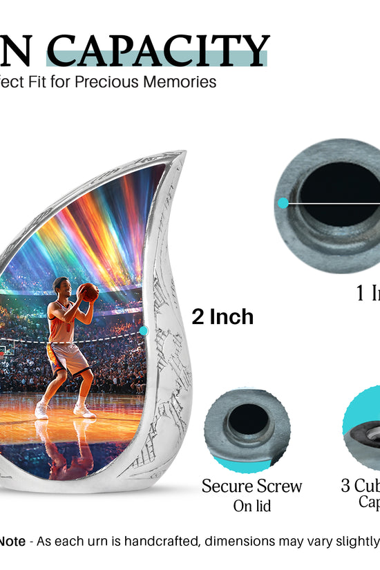 Powder Blue Basketball Cremation Urn angled view of lid and engraved motif - rounded teardrop basketball design with delicate detail - mini keepsake memorial for portion of cremation ashes