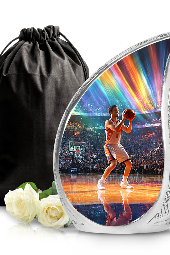 Calming Blue Basketball Cremation Urn front view showing detailed design - graceful tear-shaped urn with basketball motif - full-size 10 inch 200 cubic inch adult cremation urn