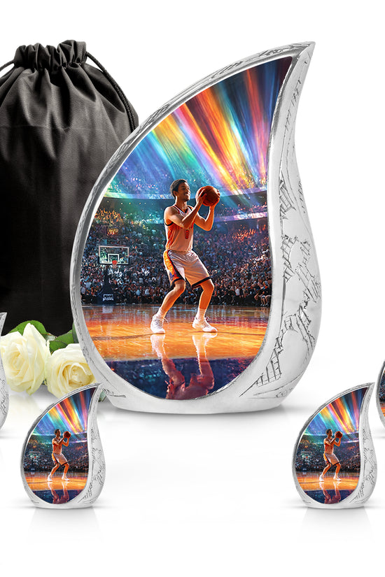 Soft Blue Basketball Cremation Urn side profile showing urn shape - graceful tear-shaped urn with basketball motif - memorial set with one large and four small urns