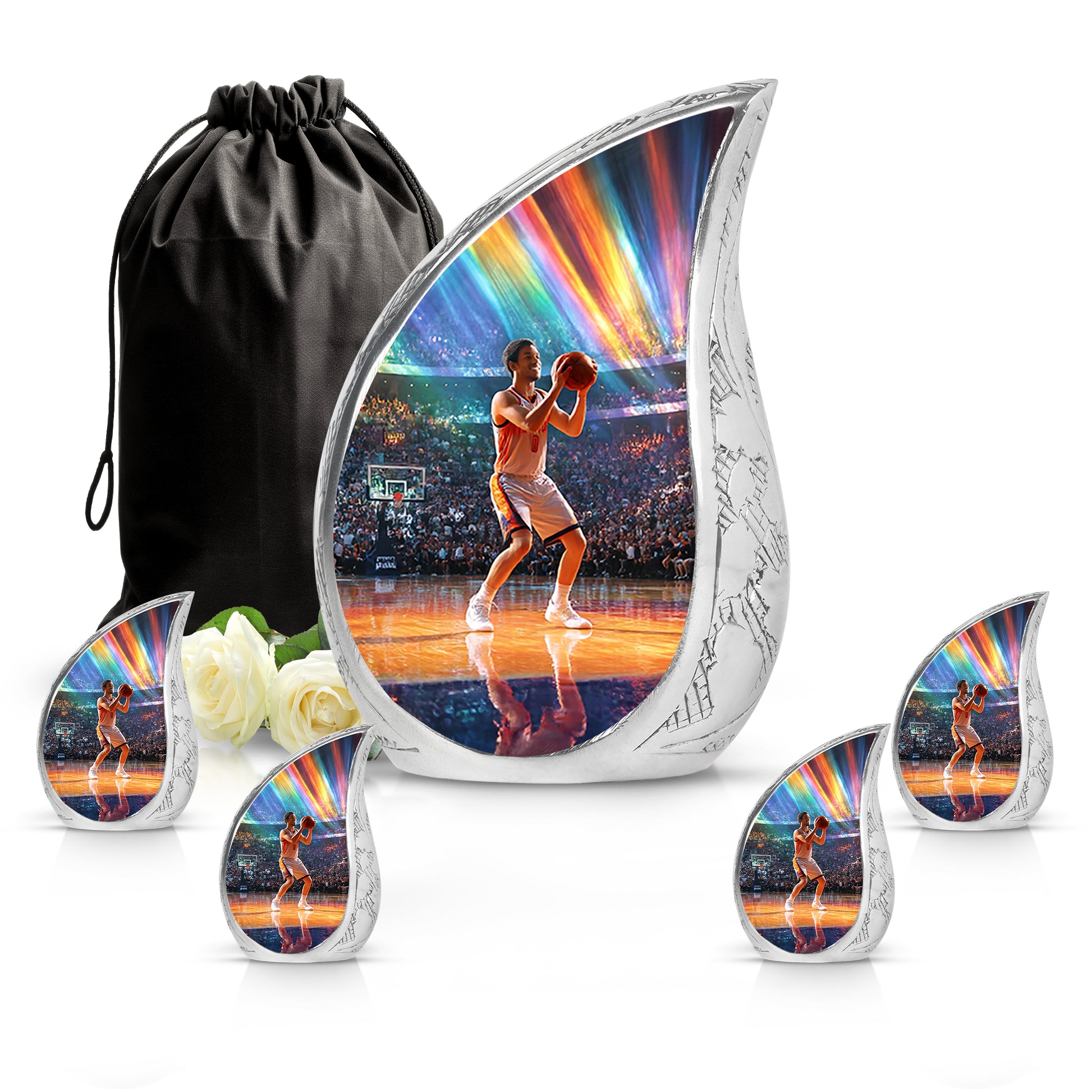 Soft Blue Basketball Cremation Urn side profile showing urn shape - graceful tear-shaped urn with basketball motif - memorial set with one large and four small urns