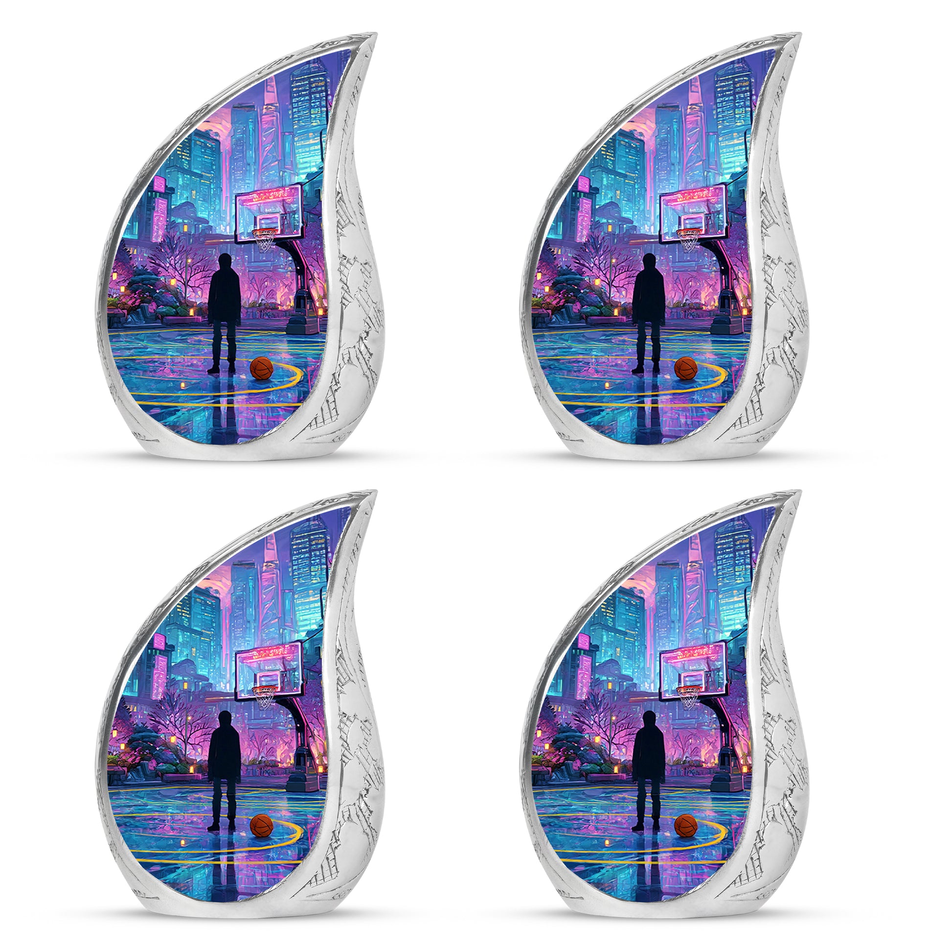 Royal Blue Basketball Cremation Urn close-up of engraving and surface detail - smooth teardrop contour featuring basketball art - 10 inch aluminum urn for cremated remains