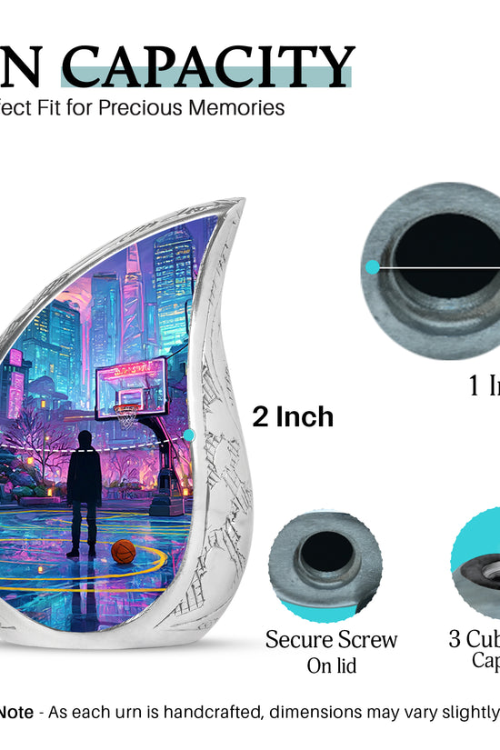 Azure Basketball Cremation Urn angled view of lid and engraved motif - flowing teardrop basketball silhouette on curved aluminum - mini keepsake memorial for portion of cremation ashes