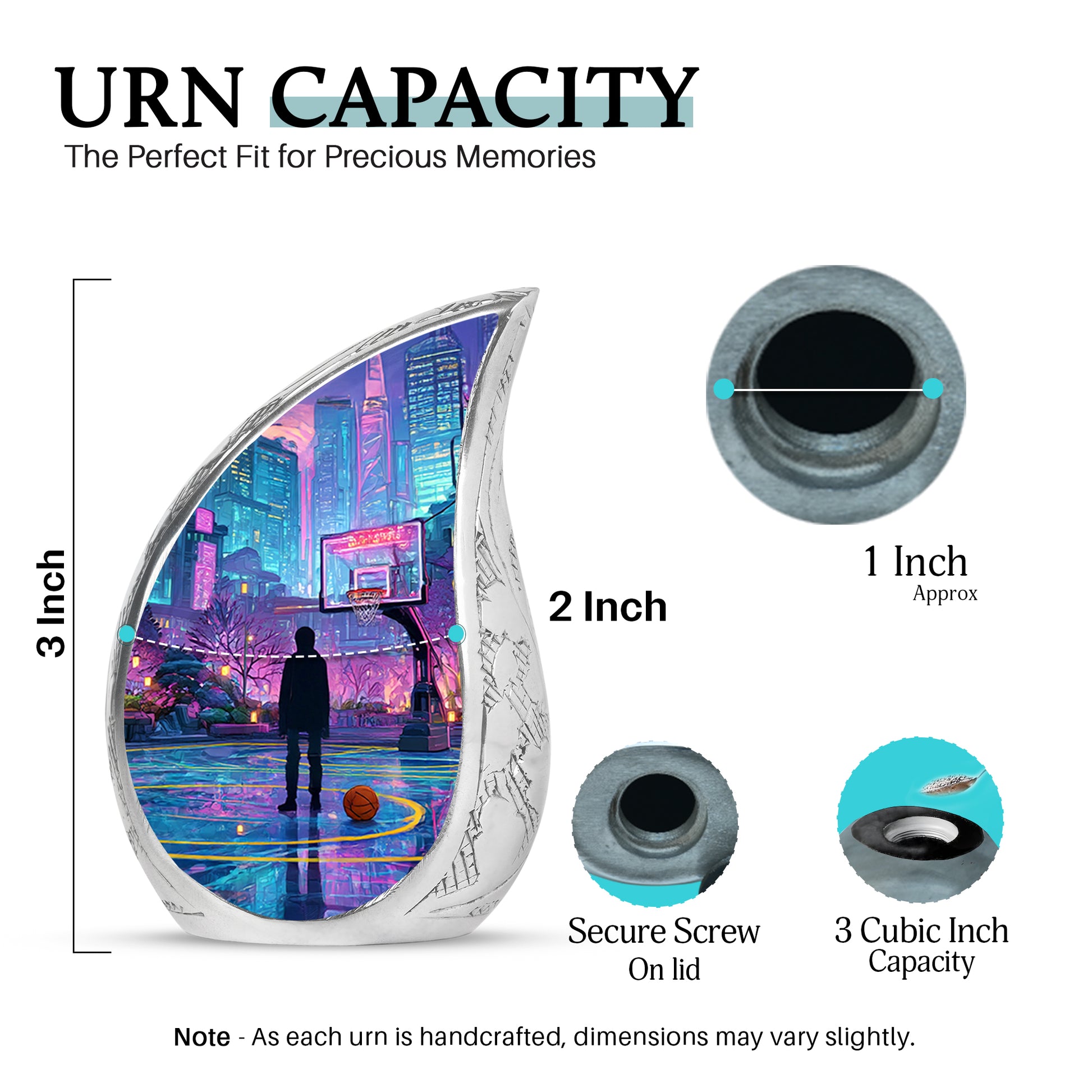 Azure Basketball Cremation Urn angled view of lid and engraved motif - flowing teardrop basketball silhouette on curved aluminum - mini keepsake memorial for portion of cremation ashes