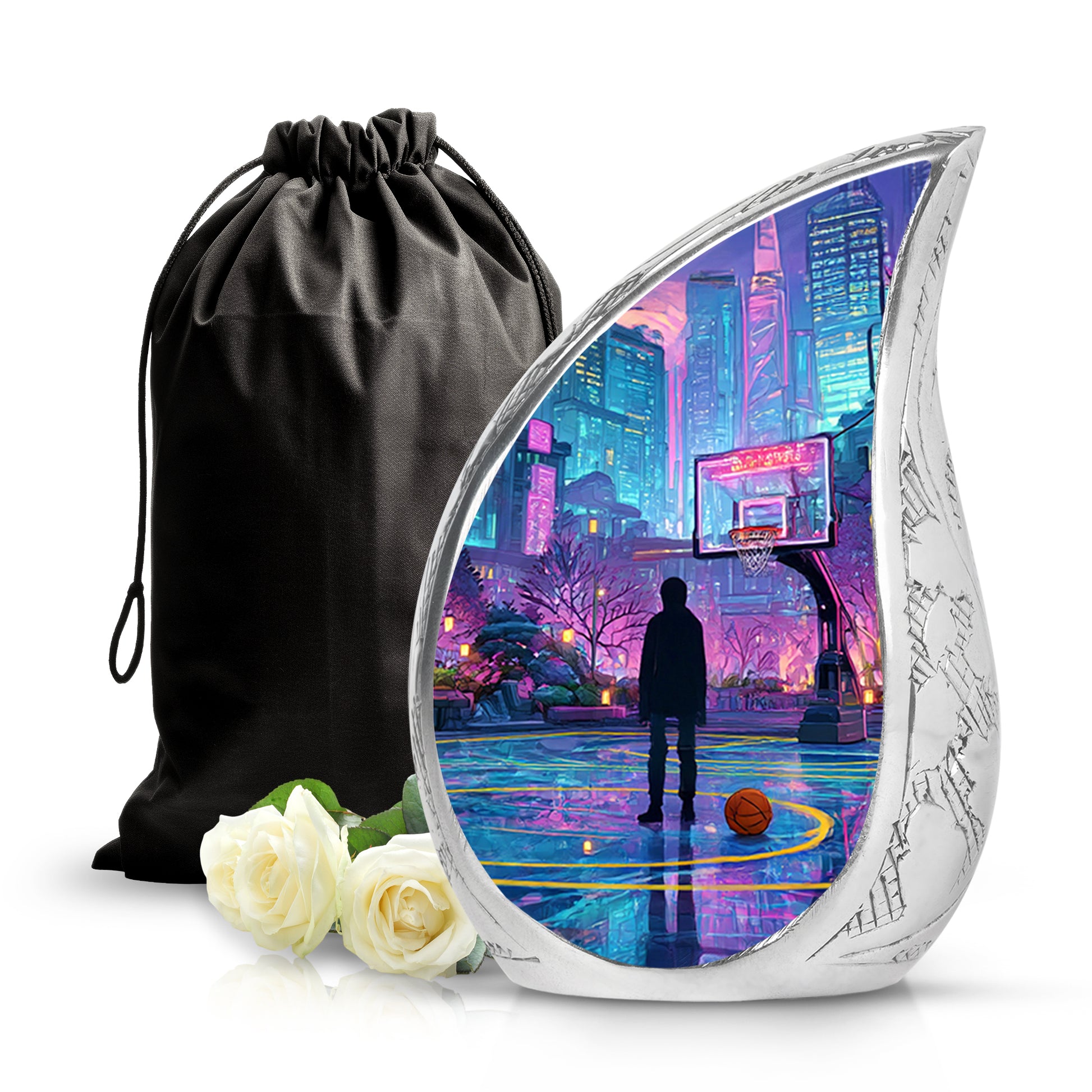Misty Blue Basketball Cremation Urn front view showing detailed design - rounded teardrop basketball design with delicate detail - full-size 10 inch 200 cubic inch adult cremation urn