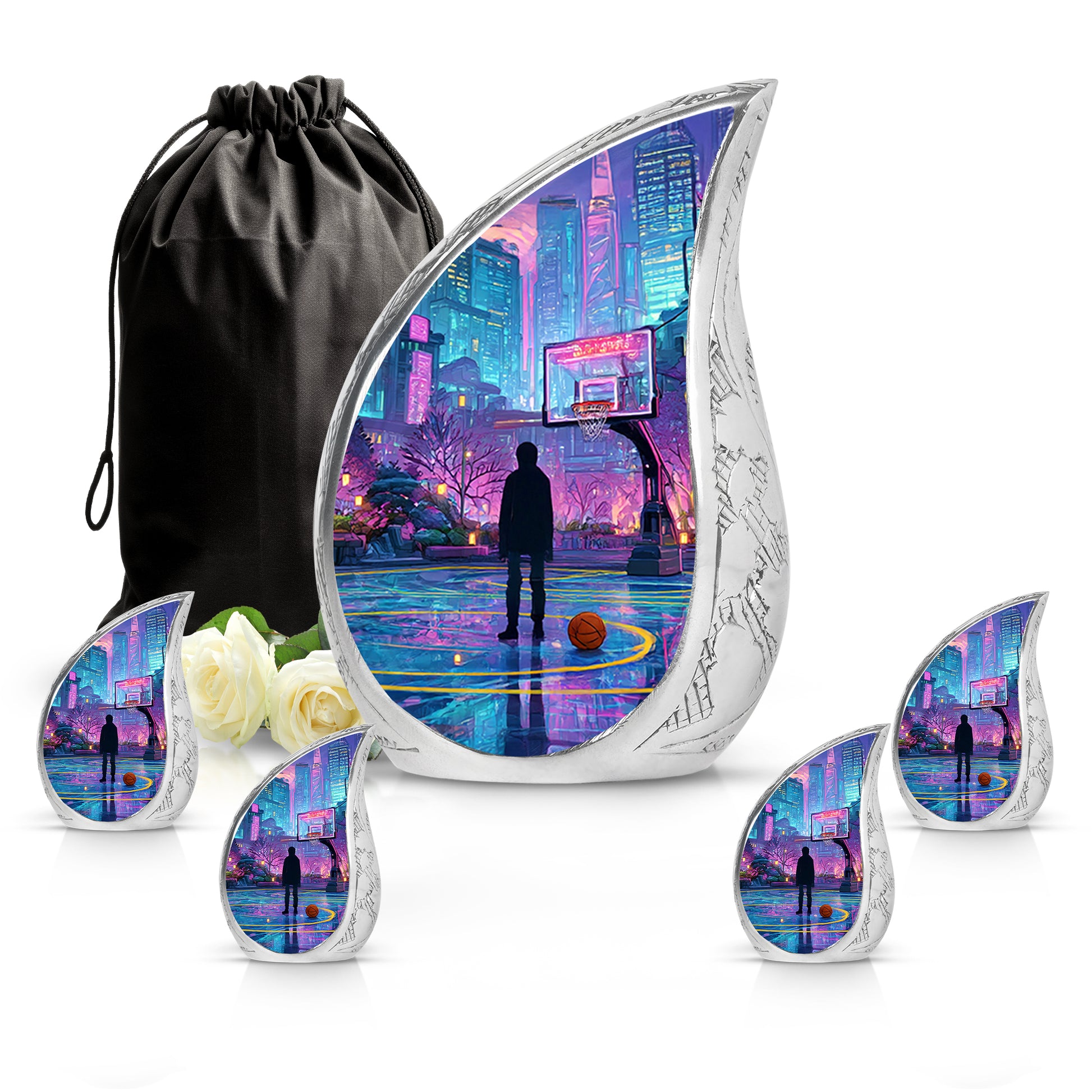Icy Blue Basketball Cremation Urn side profile showing urn shape - rounded teardrop basketball design with delicate detail - memorial set with one large and four small urns