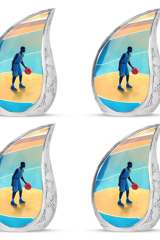 Vivid Blue Basketball Cremation Urn close-up of engraving and surface detail - smooth teardrop contour featuring basketball art - 10 inch aluminum urn for cremated remains