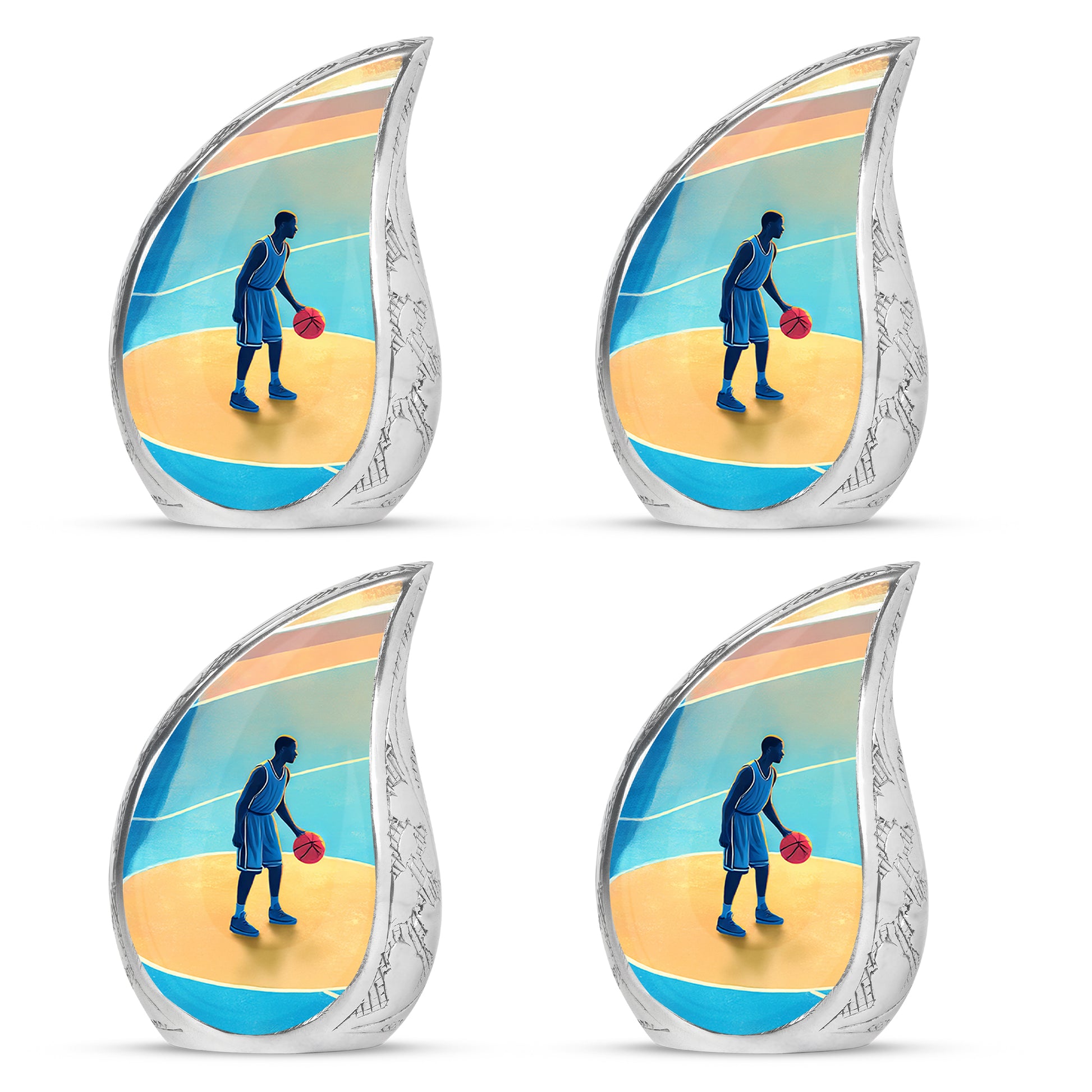 Vivid Blue Basketball Cremation Urn close-up of engraving and surface detail - smooth teardrop contour featuring basketball art - 10 inch aluminum urn for cremated remains