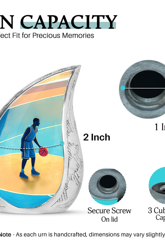 Twilight Blue Basketball Cremation Urn angled view of lid and engraved motif - graceful tear-shaped urn with basketball motif - mini keepsake memorial for portion of cremation ashes