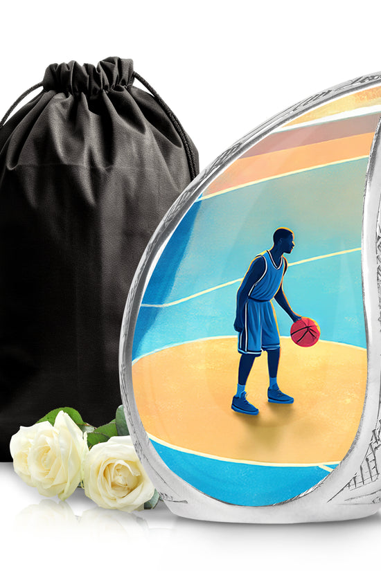 Navy Blue Basketball Cremation Urn front view showing detailed design - rounded teardrop basketball design with delicate detail - full-size 10 inch 200 cubic inch adult cremation urn
