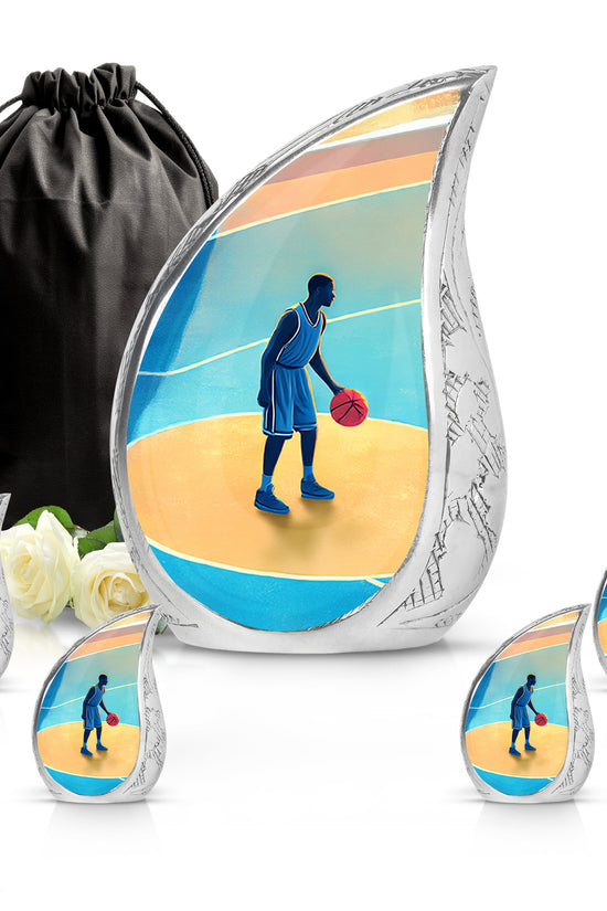 Steel Blue Basketball Cremation Urn side profile showing urn shape - graceful tear-shaped urn with basketball motif - memorial set with one large and four small urns