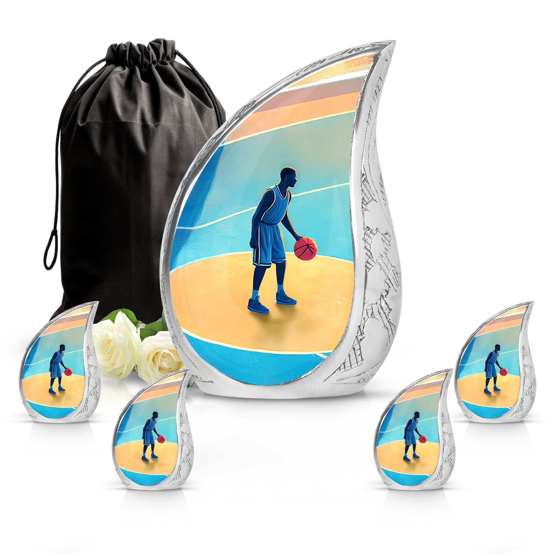 Steel Blue Basketball Cremation Urn side profile showing urn shape - graceful tear-shaped urn with basketball motif - memorial set with one large and four small urns
