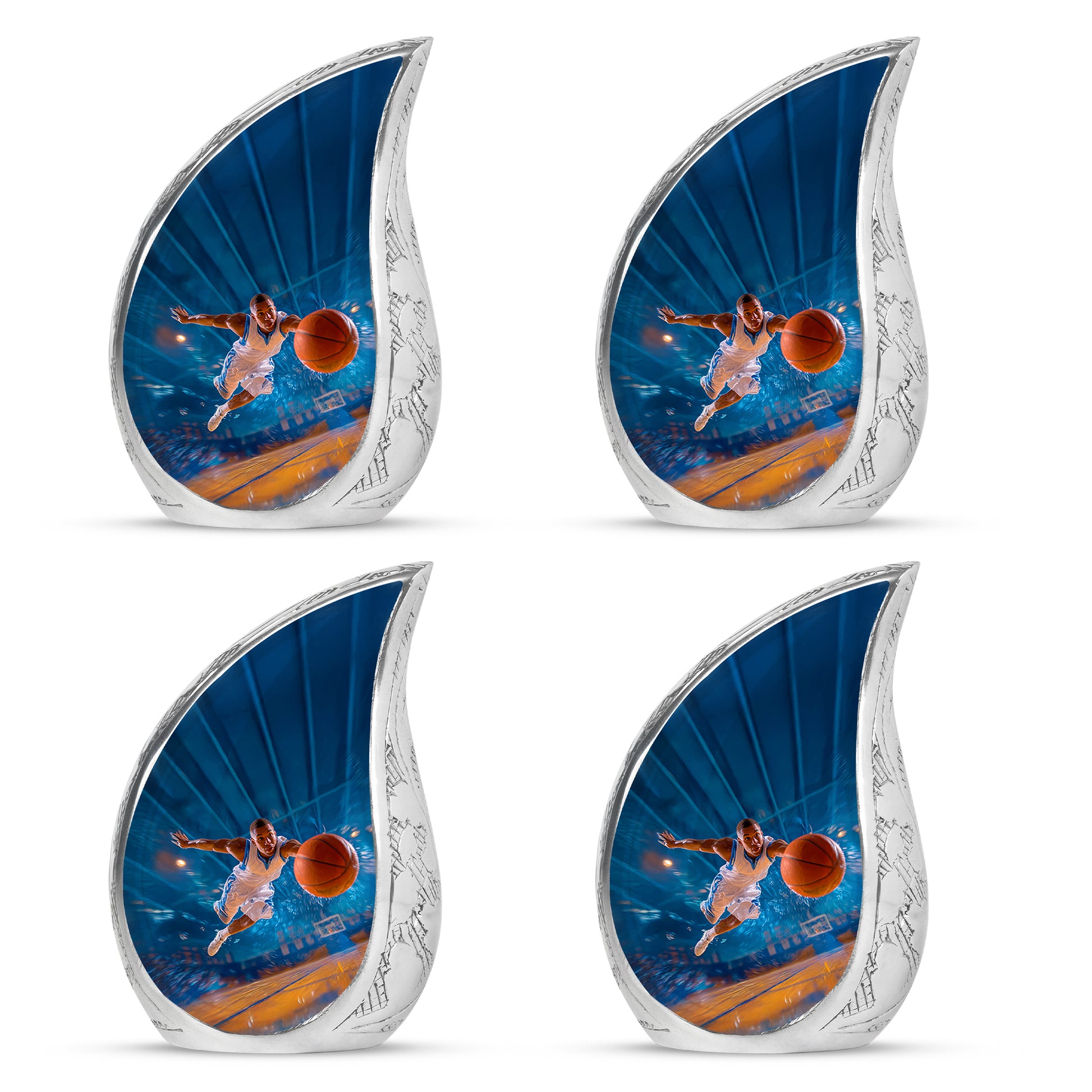 Sapphire Blue Basketball Cremation Urn close-up of engraving and surface detail - graceful tear-shaped urn with basketball motif - 10 inch aluminum urn for cremated remains