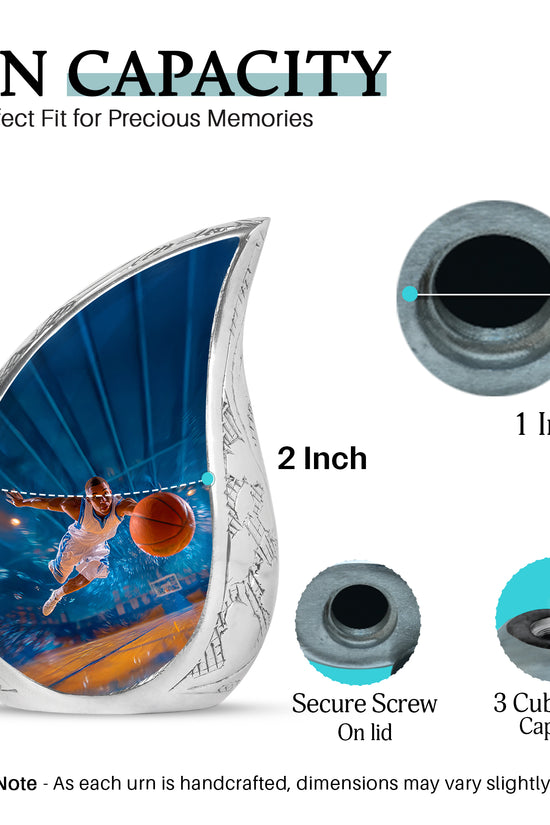 Soft Blue Basketball Cremation Urn angled view of lid and engraved motif - graceful tear-shaped urn with basketball motif - mini keepsake memorial for portion of cremation ashes