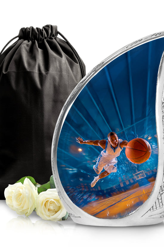 Sky Blue Basketball Cremation Urn front view showing detailed design - rounded teardrop basketball design with delicate detail - full-size 10 inch 200 cubic inch adult cremation urn
