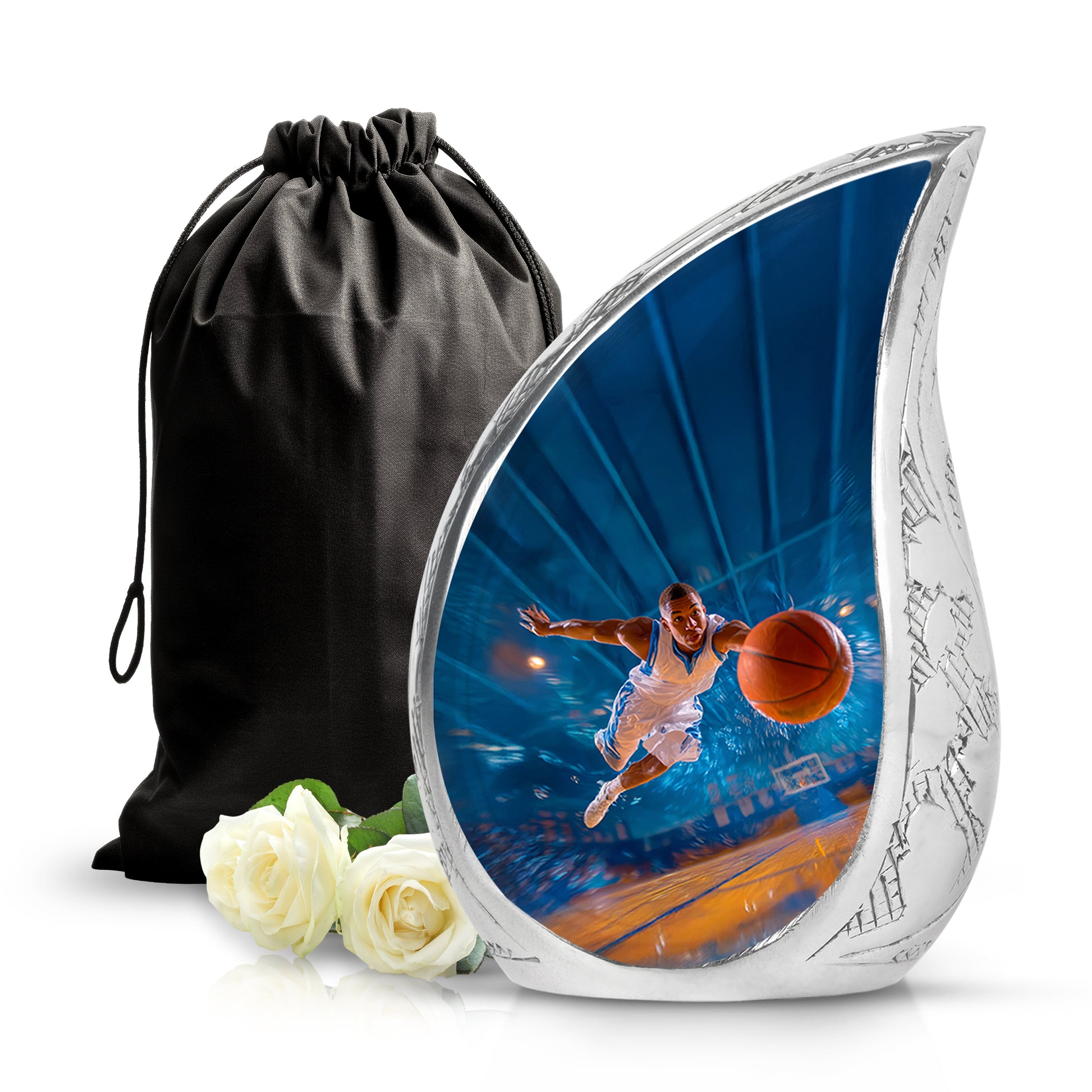 Sky Blue Basketball Cremation Urn front view showing detailed design - rounded teardrop basketball design with delicate detail - full-size 10 inch 200 cubic inch adult cremation urn