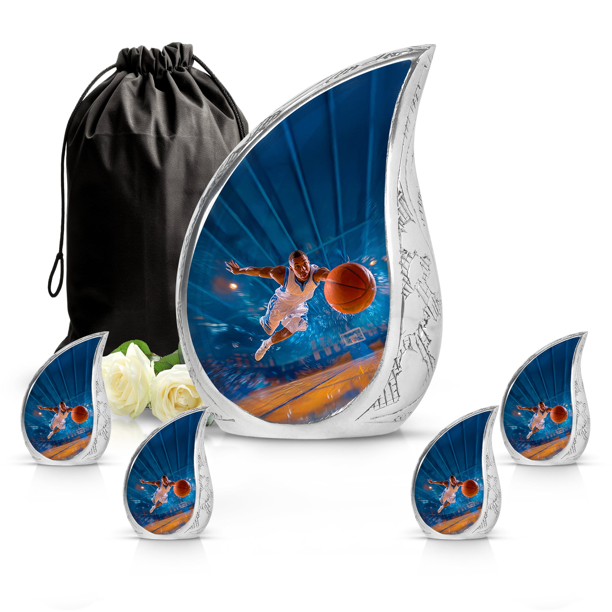 Pastel Blue Basketball Cremation Urn side profile showing urn shape - flowing teardrop basketball silhouette on curved aluminum - memorial set with one large and four small urns