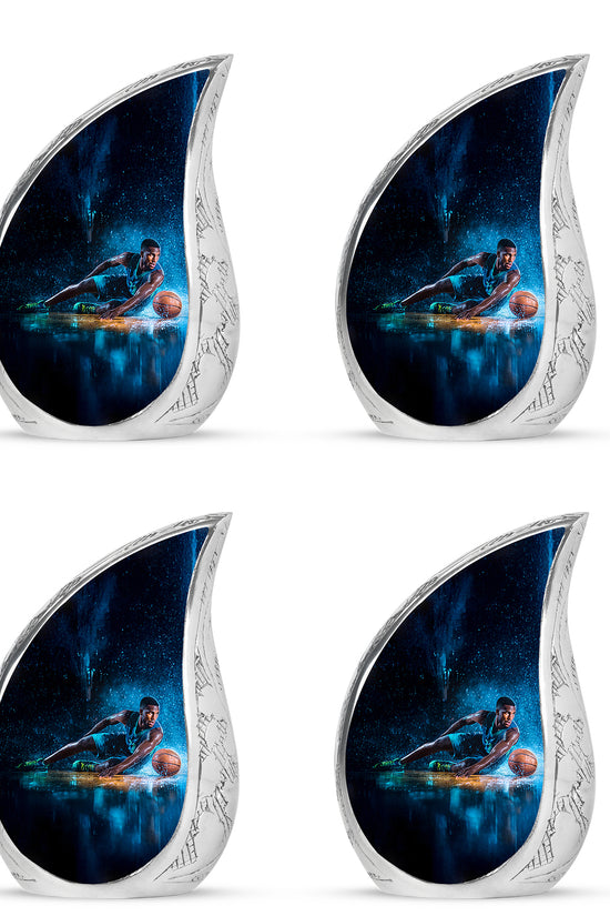 Ebony Basketball Cremation Urn close-up of engraving and surface detail - rounded teardrop basketball design with delicate detail - 10 inch aluminum urn for cremated remains