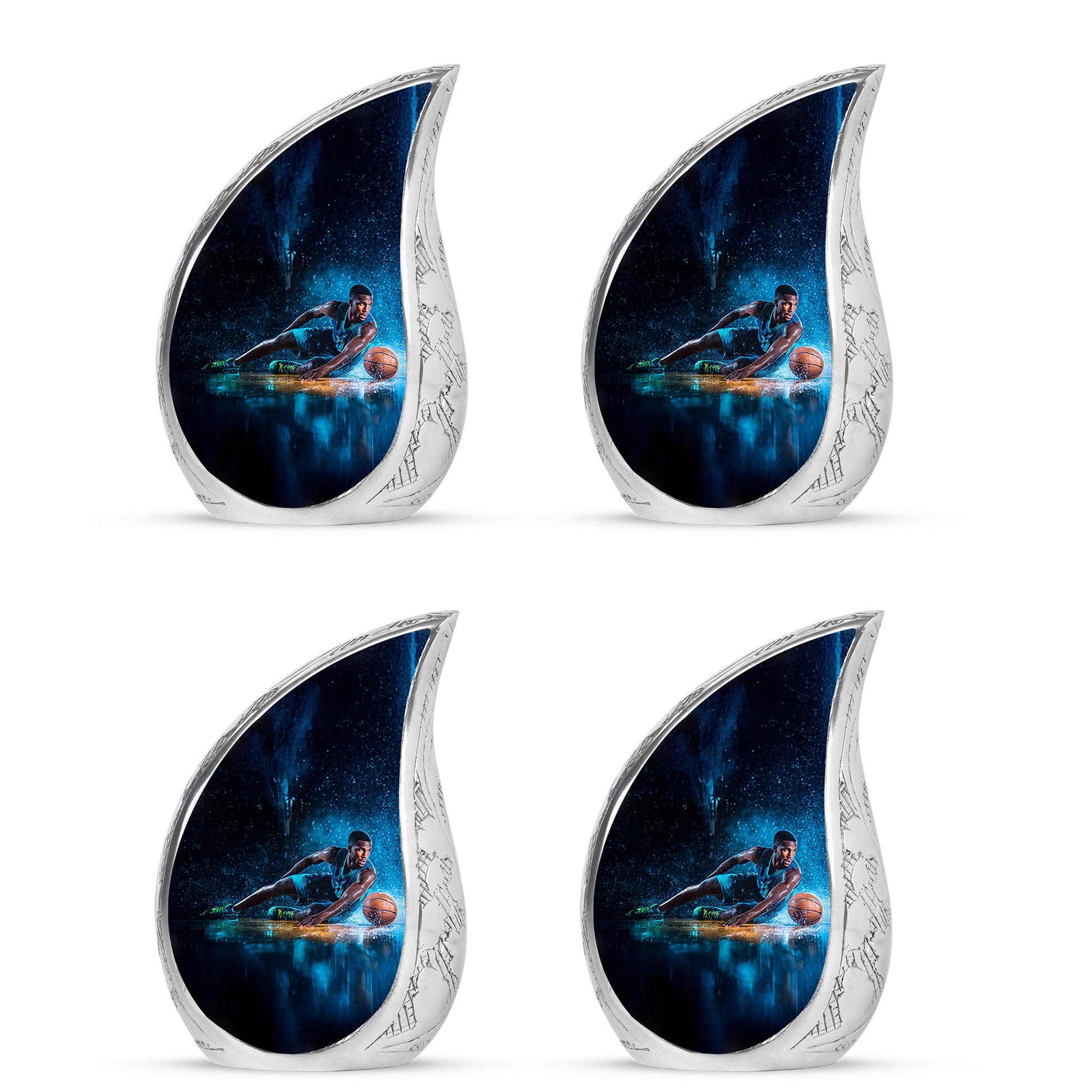 Ebony Basketball Cremation Urn close-up of engraving and surface detail - rounded teardrop basketball design with delicate detail - 10 inch aluminum urn for cremated remains
