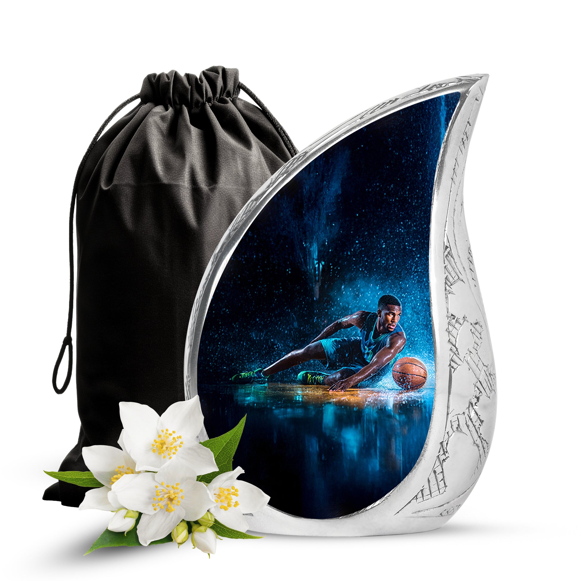 Glossy Black Basketball Cremation Urn front view showing detailed design - flowing teardrop basketball silhouette on curved aluminum - full-size 10 inch 200 cubic inch adult cremation urn
