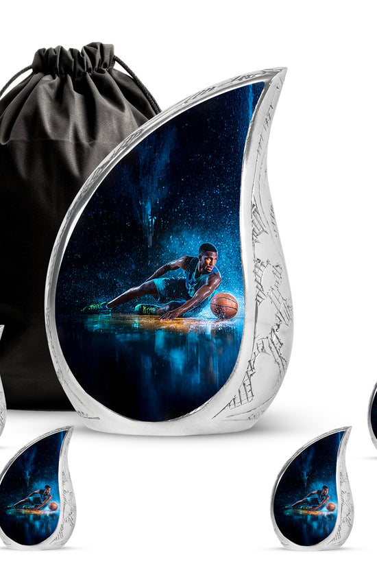 Dark Black Basketball Cremation Urn side profile showing urn shape - graceful tear-shaped urn with basketball motif - memorial set with one large and four small urns