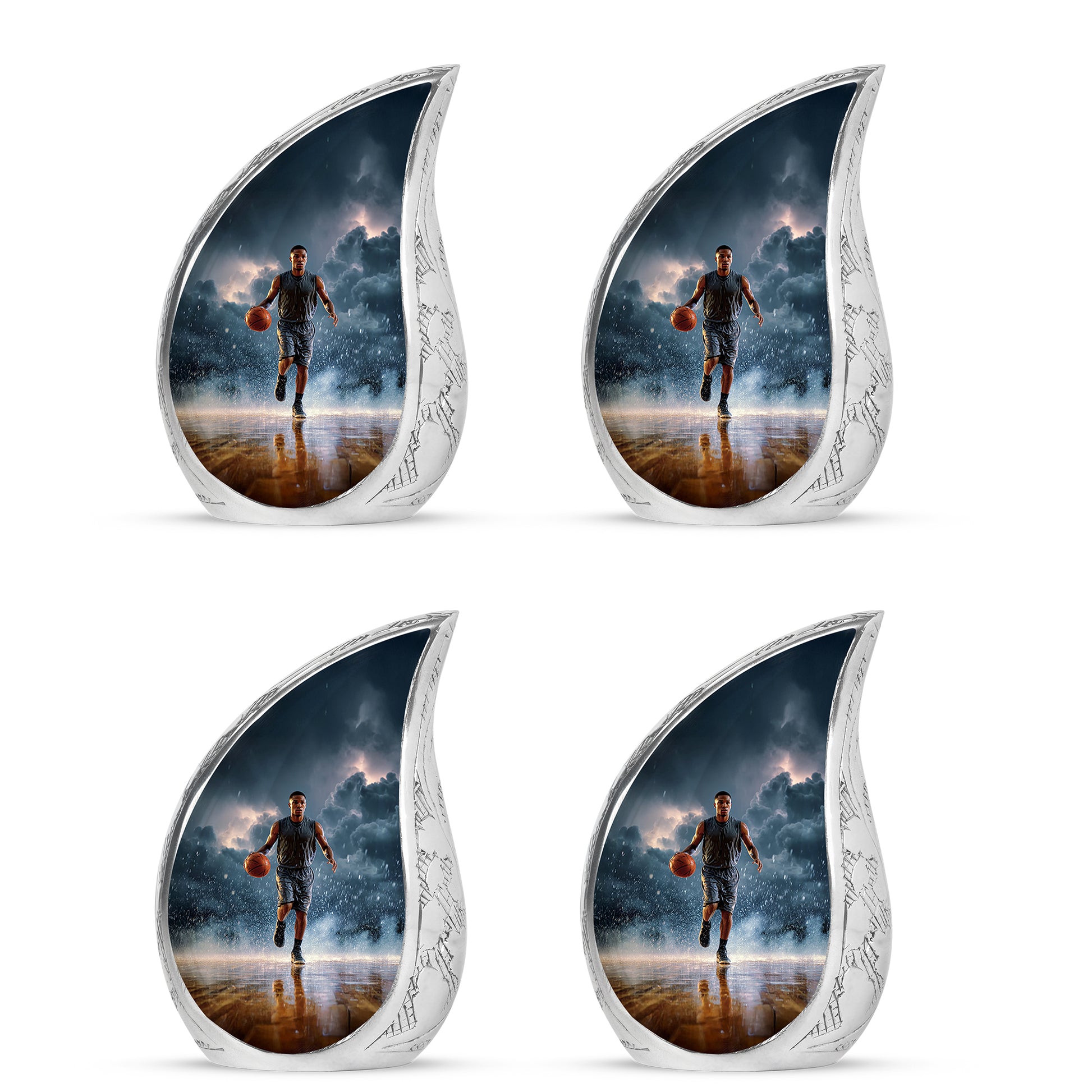 Misty Blue Basketball Cremation Urn close-up of engraving and surface detail - flowing teardrop basketball silhouette on curved aluminum - 10 inch aluminum urn for cremated remains