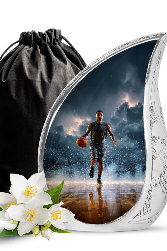 Bright Blue Basketball Cremation Urn front view showing detailed design - smooth teardrop contour featuring basketball art - full-size 10 inch 200 cubic inch adult cremation urn
