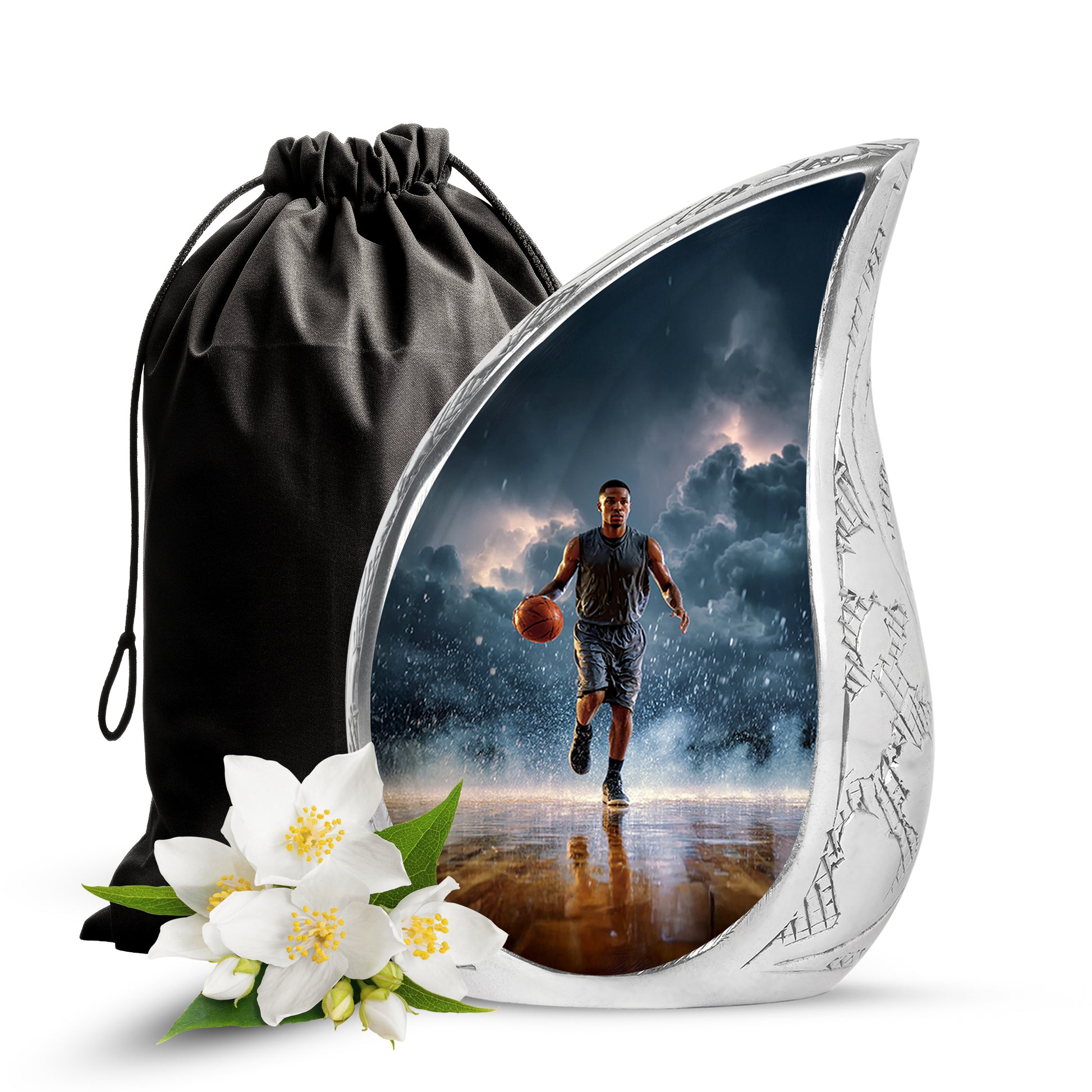 Bright Blue Basketball Cremation Urn front view showing detailed design - smooth teardrop contour featuring basketball art - full-size 10 inch 200 cubic inch adult cremation urn
