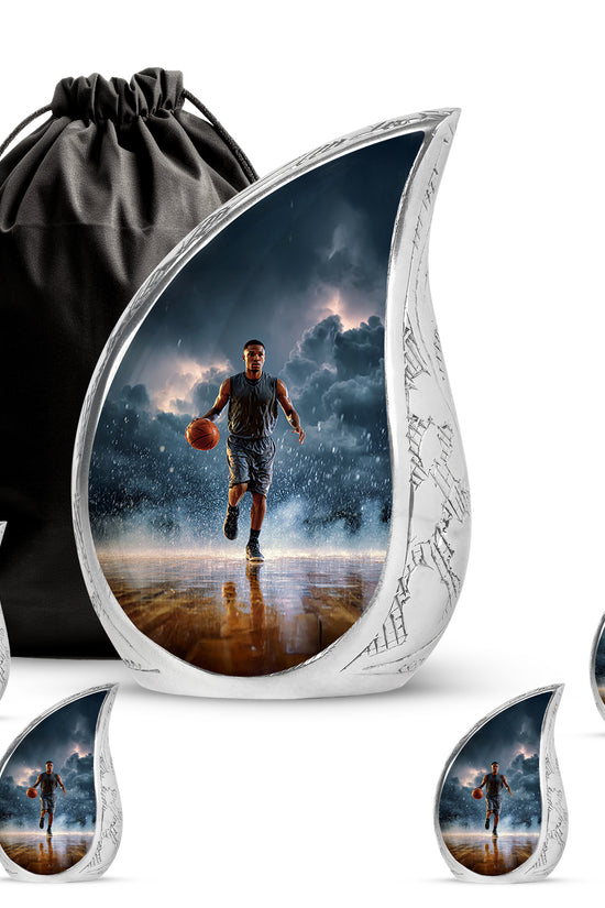 Royal Blue Basketball Cremation Urn side profile showing urn shape - smooth teardrop contour featuring basketball art - memorial set with one large and four small urns