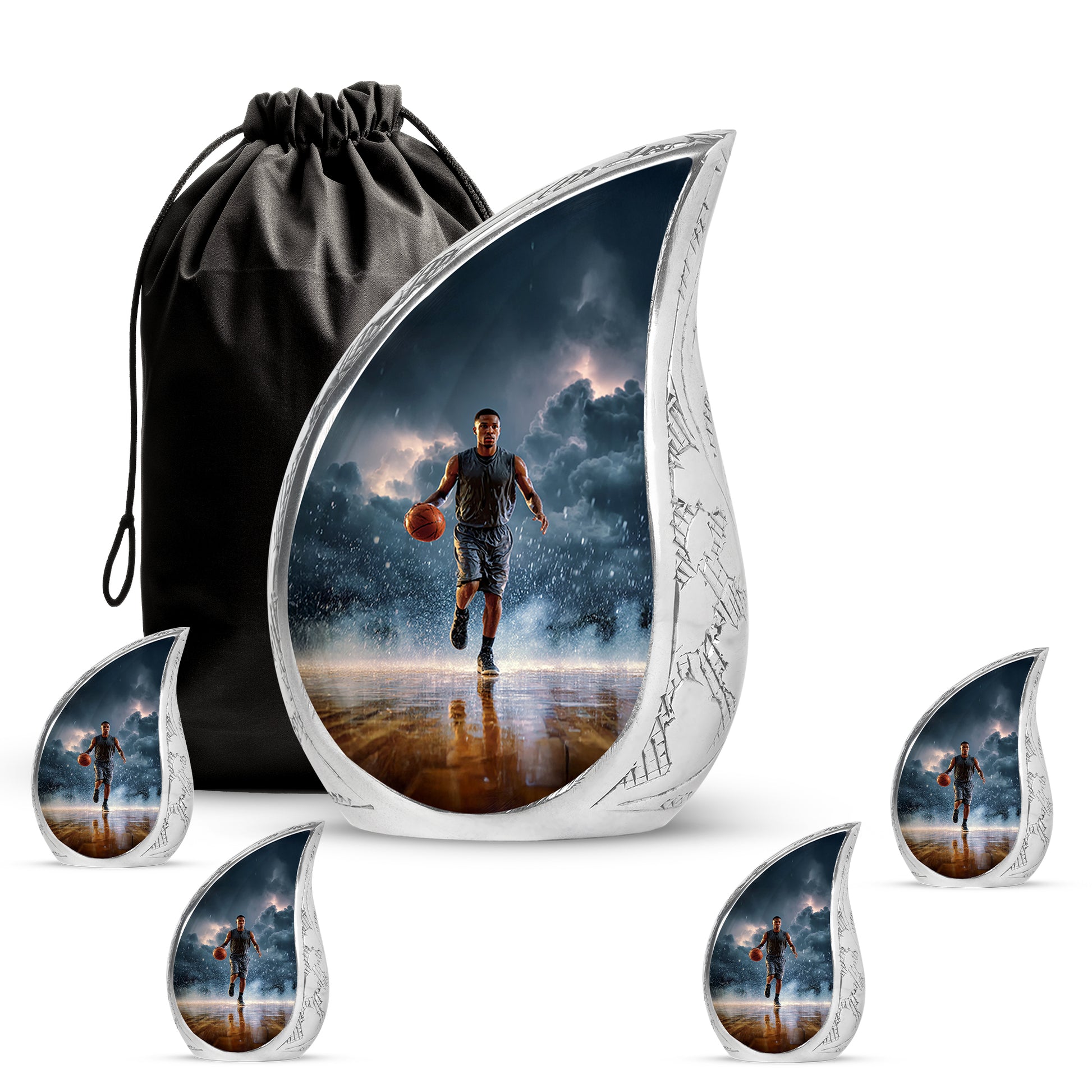 Royal Blue Basketball Cremation Urn side profile showing urn shape - smooth teardrop contour featuring basketball art - memorial set with one large and four small urns