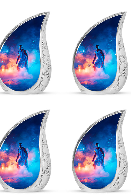 Celestial Blue Basketball Cremation Urn close-up of engraving and surface detail - flowing teardrop basketball silhouette on curved aluminum - 10 inch aluminum urn for cremated remains