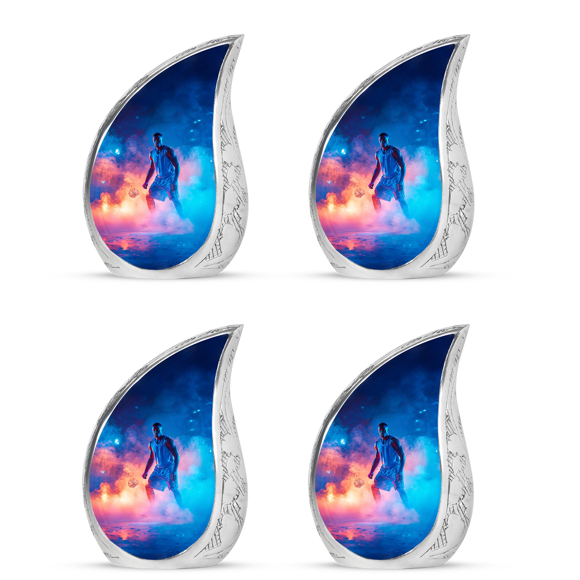 Celestial Blue Basketball Cremation Urn close-up of engraving and surface detail - flowing teardrop basketball silhouette on curved aluminum - 10 inch aluminum urn for cremated remains