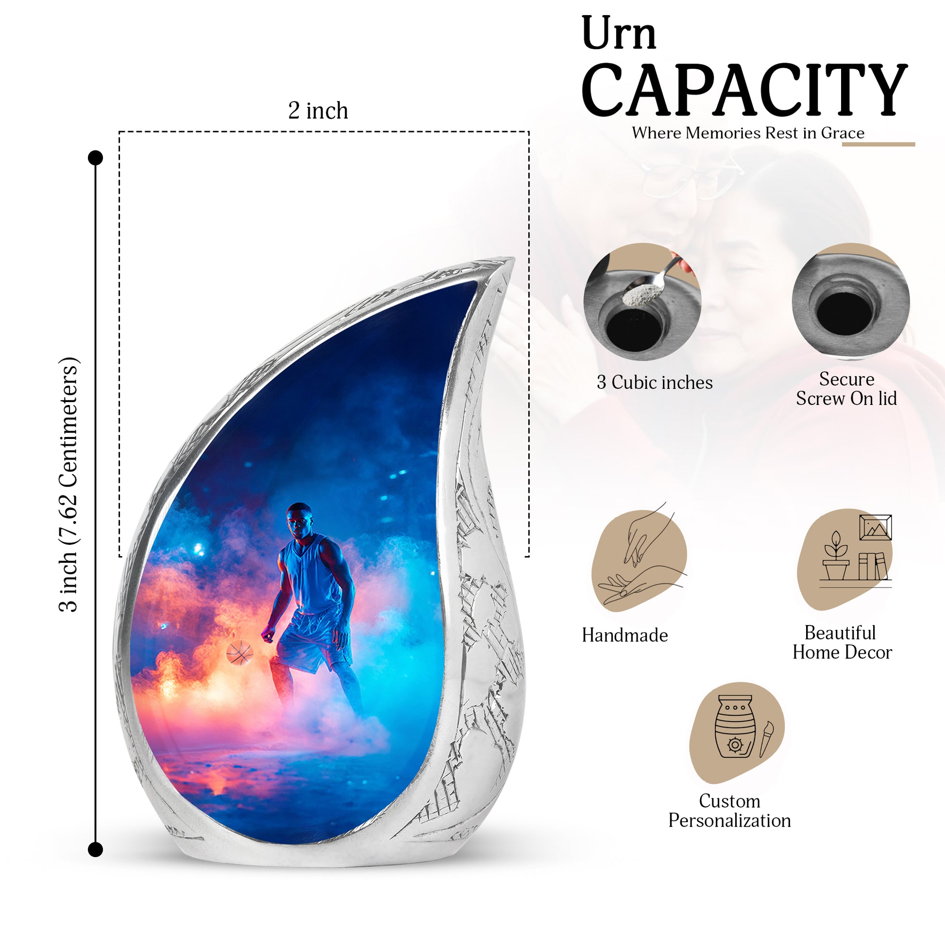 Azure Basketball Cremation Urn angled view of lid and engraved motif - flowing teardrop basketball silhouette on curved aluminum - mini keepsake memorial for portion of cremation ashes
