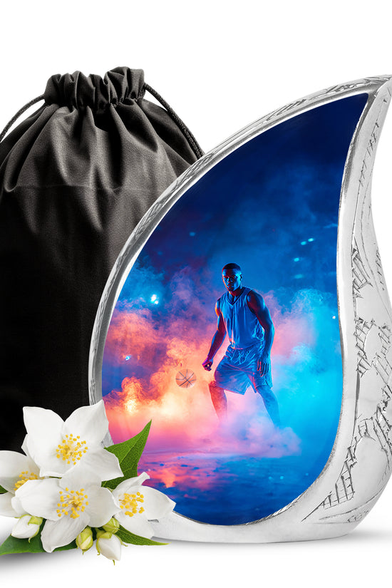 Bright Blue Basketball Cremation Urn front view showing detailed design - graceful tear-shaped urn with basketball motif - full-size 10 inch 200 cubic inch adult cremation urn