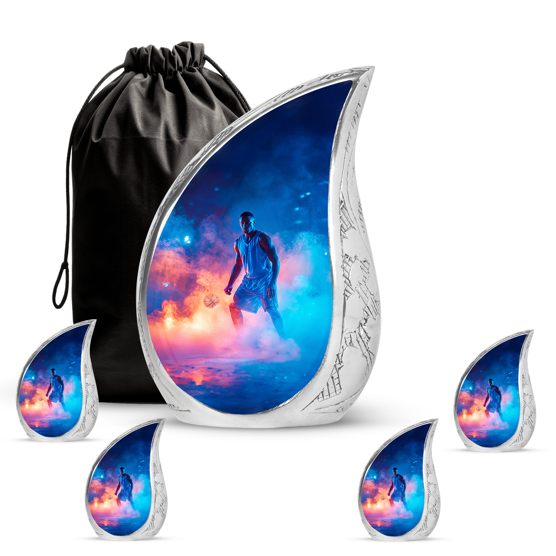 Celestial Blue Basketball Cremation Urn side profile showing urn shape - flowing teardrop basketball silhouette on curved aluminum - memorial set with one large and four small urns