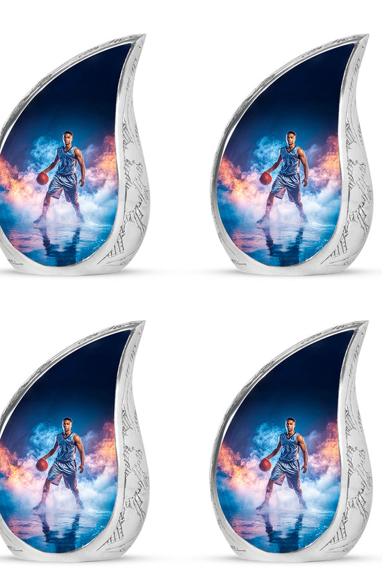Bright Blue Basketball Cremation Urn close-up of engraving and surface detail - smooth teardrop contour featuring basketball art - 10 inch aluminum urn for cremated remains