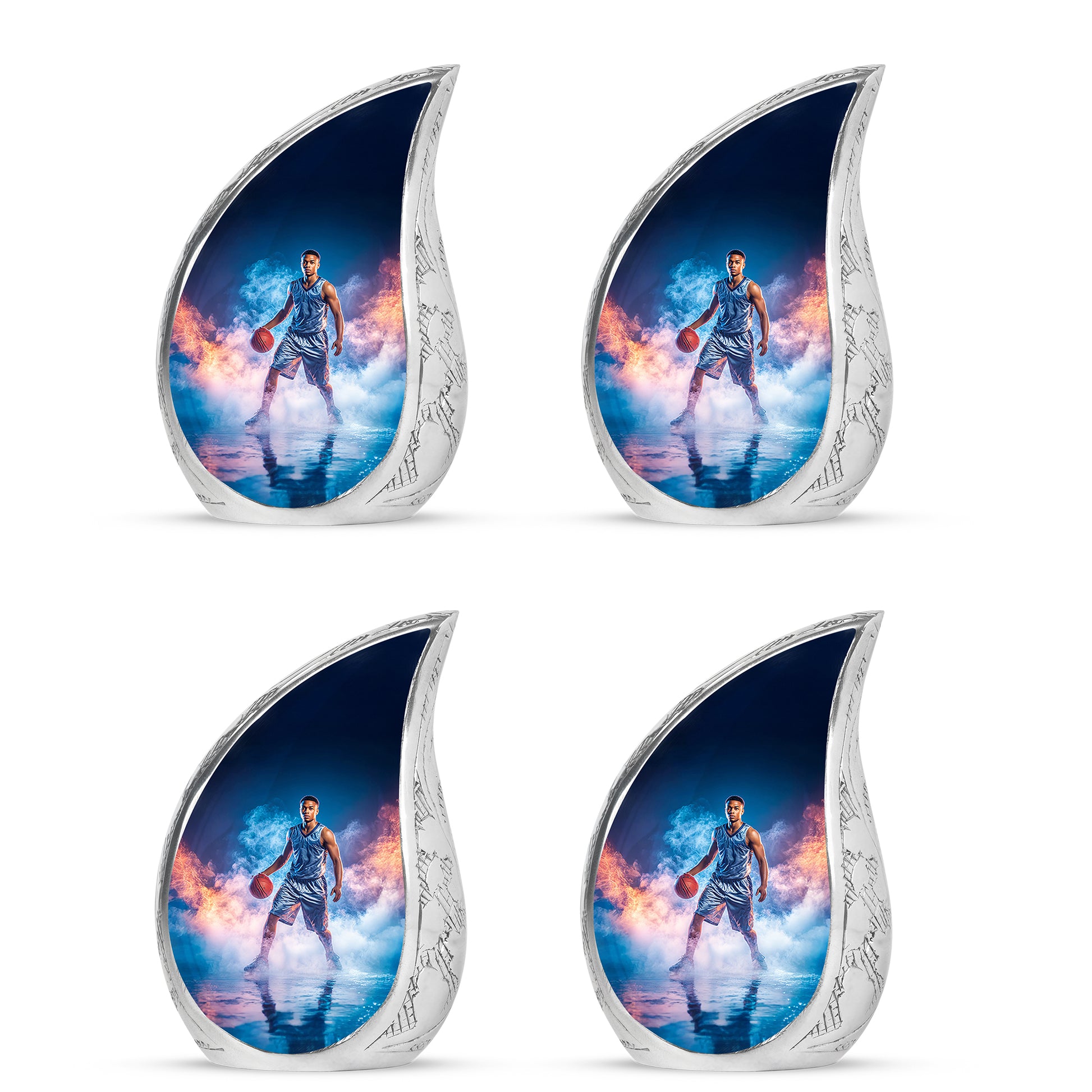 Bright Blue Basketball Cremation Urn close-up of engraving and surface detail - smooth teardrop contour featuring basketball art - 10 inch aluminum urn for cremated remains