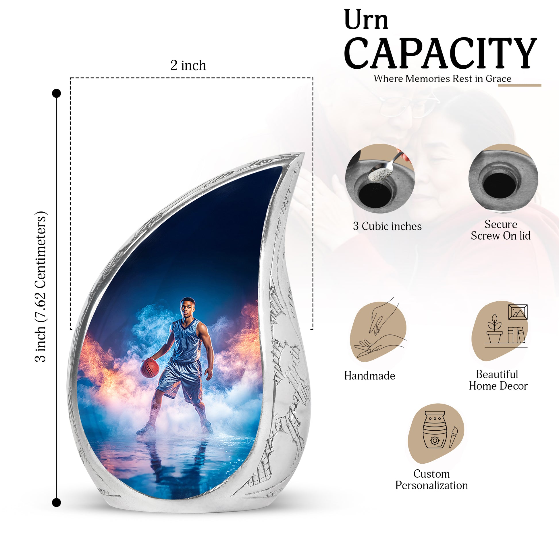 Pastel Blue Basketball Cremation Urn angled view of lid and engraved motif - flowing teardrop basketball silhouette on curved aluminum - mini keepsake memorial for portion of cremation ashes
