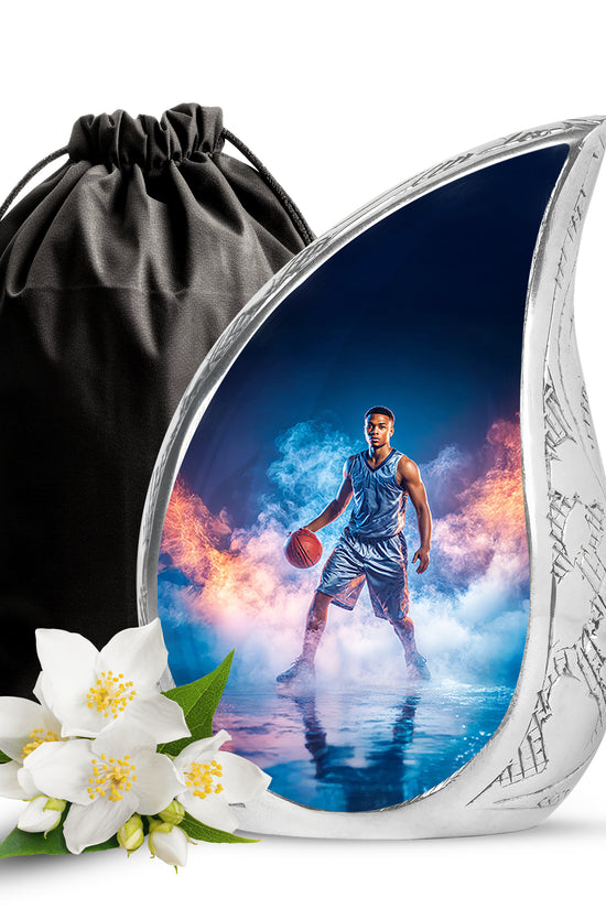 Bright Blue Basketball Cremation Urn front view showing detailed design - graceful tear-shaped urn with basketball motif - full-size 10 inch 200 cubic inch adult cremation urn