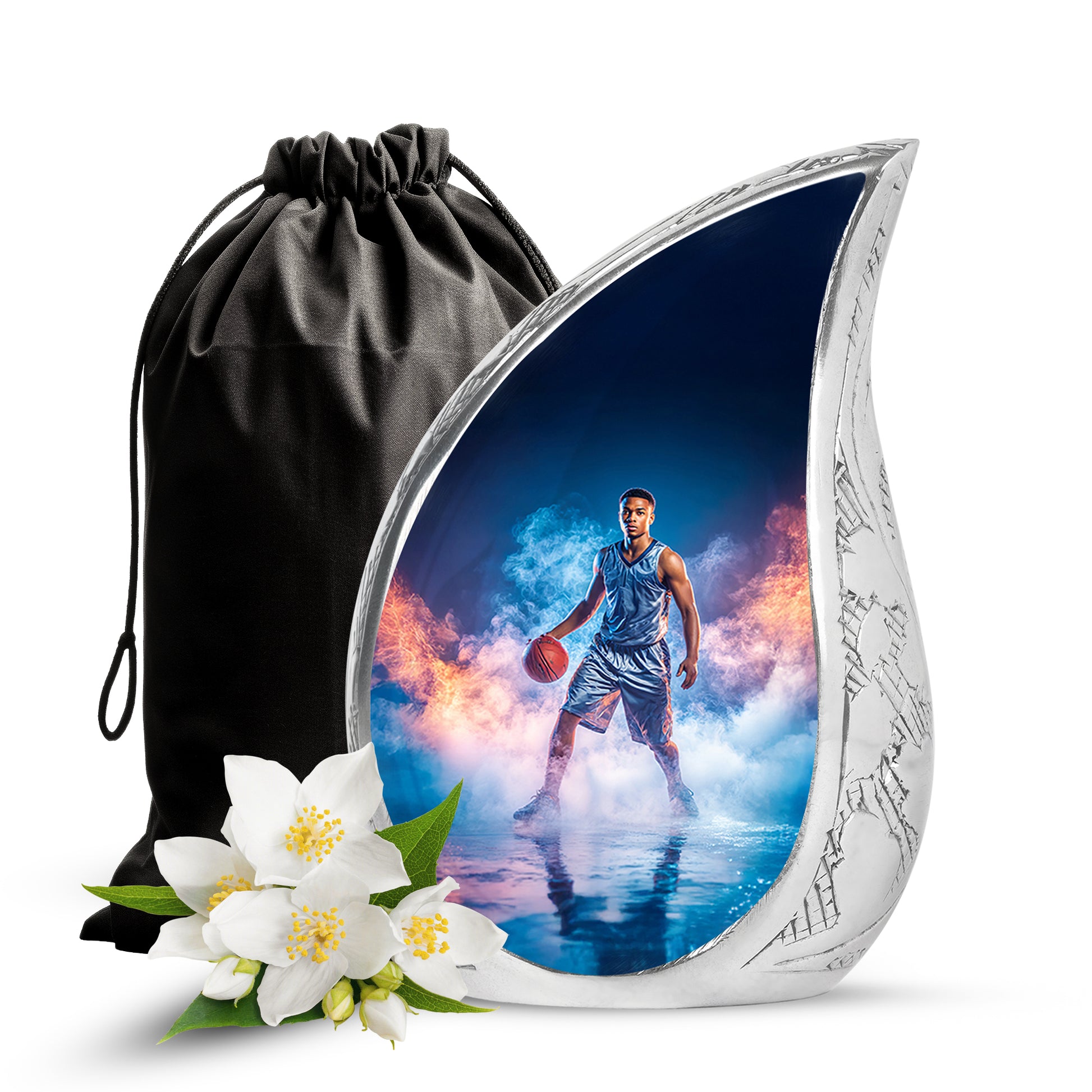 Bright Blue Basketball Cremation Urn front view showing detailed design - graceful tear-shaped urn with basketball motif - full-size 10 inch 200 cubic inch adult cremation urn