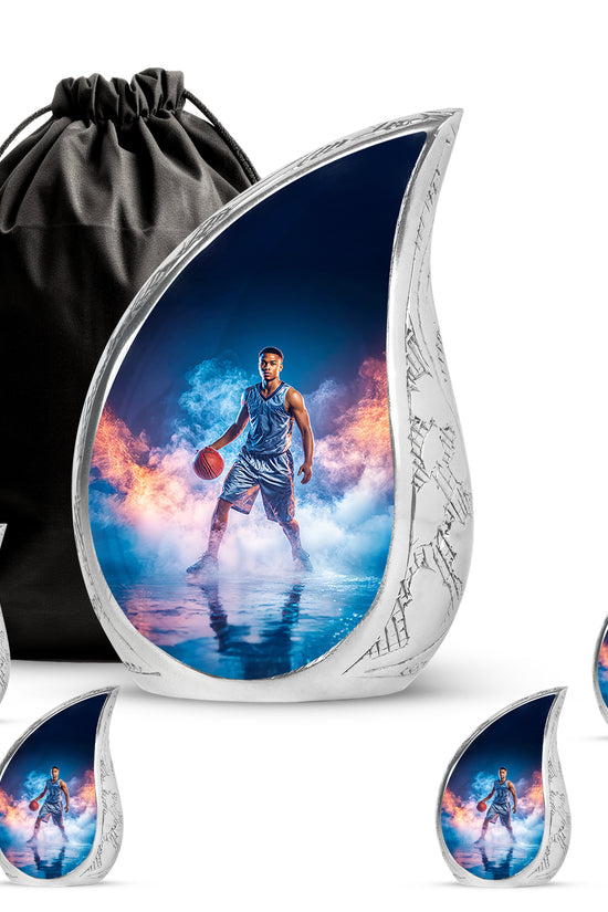 Bright Blue Basketball Cremation Urn side profile showing urn shape - graceful tear-shaped urn with basketball motif - memorial set with one large and four small urns