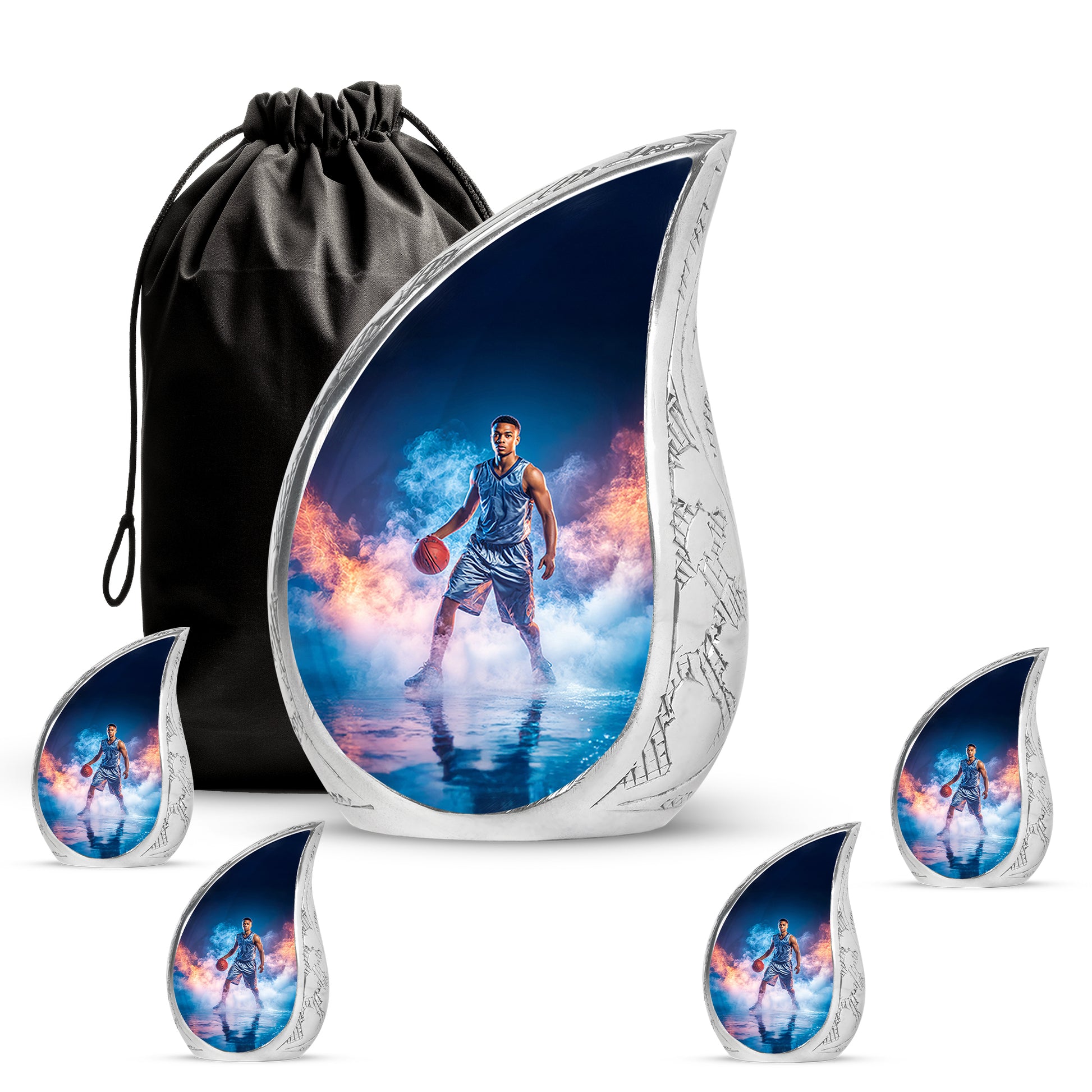 Bright Blue Basketball Cremation Urn side profile showing urn shape - graceful tear-shaped urn with basketball motif - memorial set with one large and four small urns