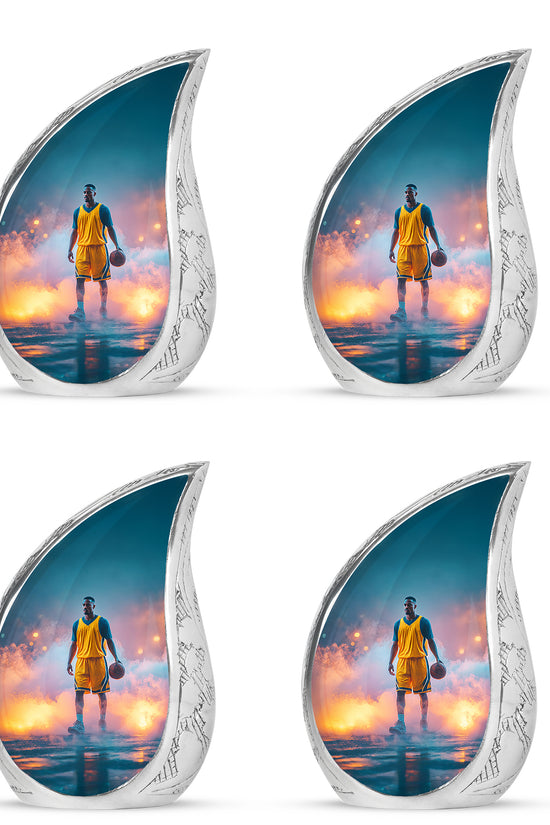 Tropical Teal Basketball Cremation Urn close-up of engraving and surface detail - graceful tear-shaped urn with basketball motif - 10 inch aluminum urn for cremated remains