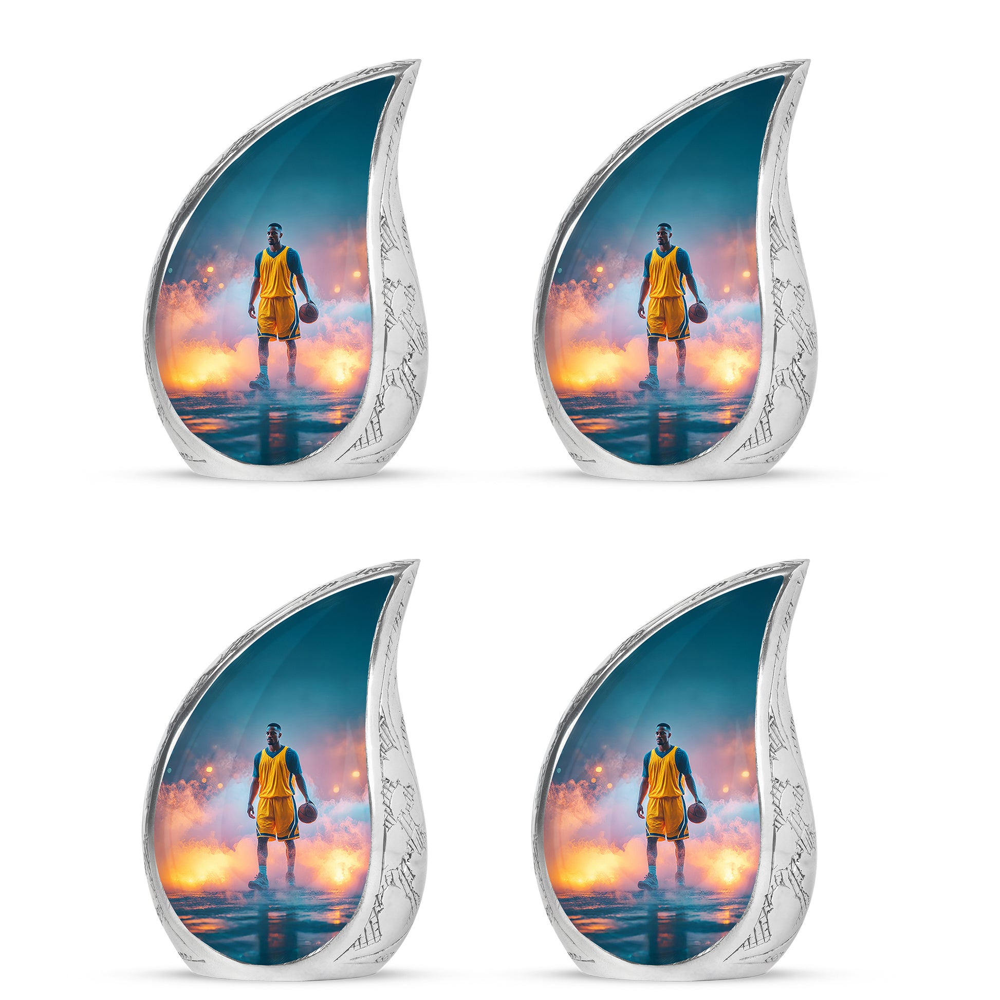 Tropical Teal Basketball Cremation Urn close-up of engraving and surface detail - graceful tear-shaped urn with basketball motif - 10 inch aluminum urn for cremated remains